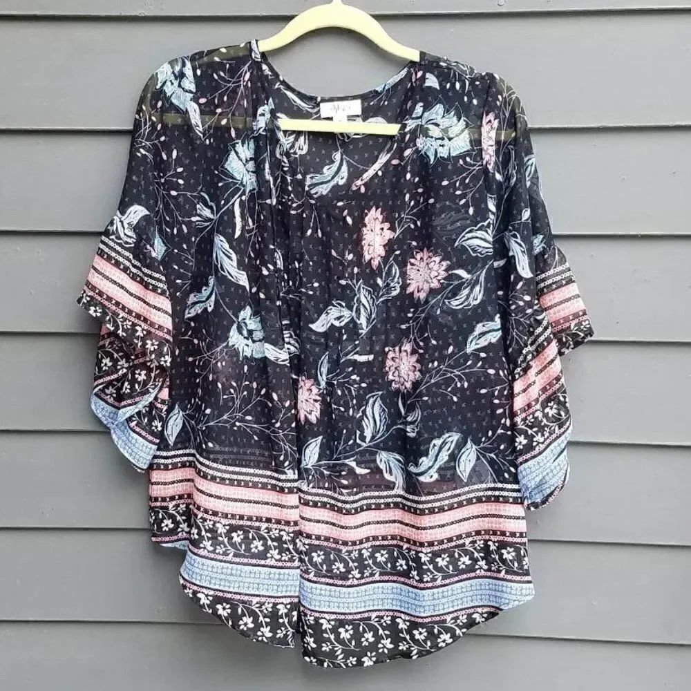 Style & Co Boho Floral Batwing Black/Coral/Blue Sheer Blouse Medium